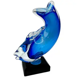 Art Glass Blue Fish Sculpture on Wood - Signed Dated 1985