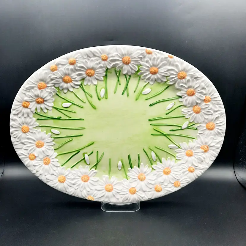 Spring Daisy Green & White Oval Serving Platter Tray