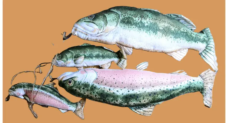 Rainbow Trout With Lures Set Soft Fabric Plush Fishing Decor Rustic Cabin