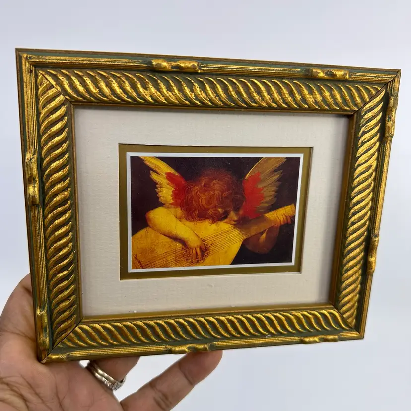 Cherub Angel Playing a Lute Gold Frame 6”x 5”