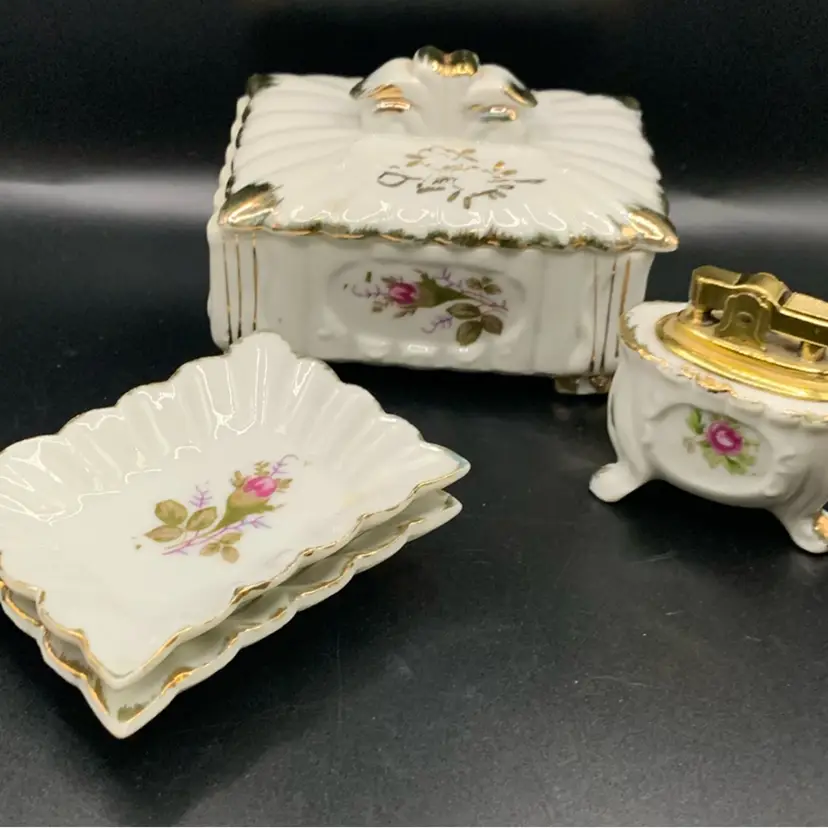 Vintage 1950's Porcelain Japan Cigarette Set Rose Motif