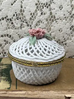 Porcelain Lattice Applied Pink Flower Hinged Round 4.5 Inch Diameter 3.5 Inch Tall 1970S Trinket Box