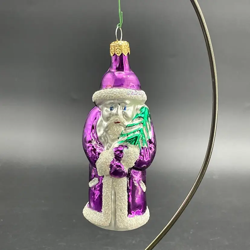 Polish Blown Glass Santa Hanging Christmas Ornament Vintage Purple Holiday Decor