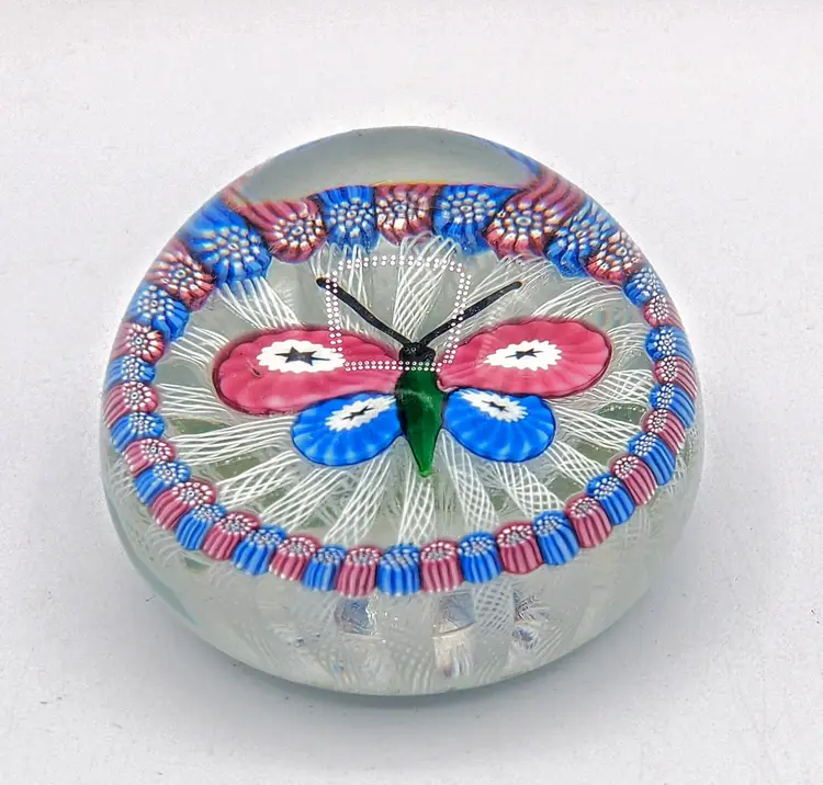 John Deacons Scotland 1998 Butterfly Millefiori Latticino Art Glass Paperweight