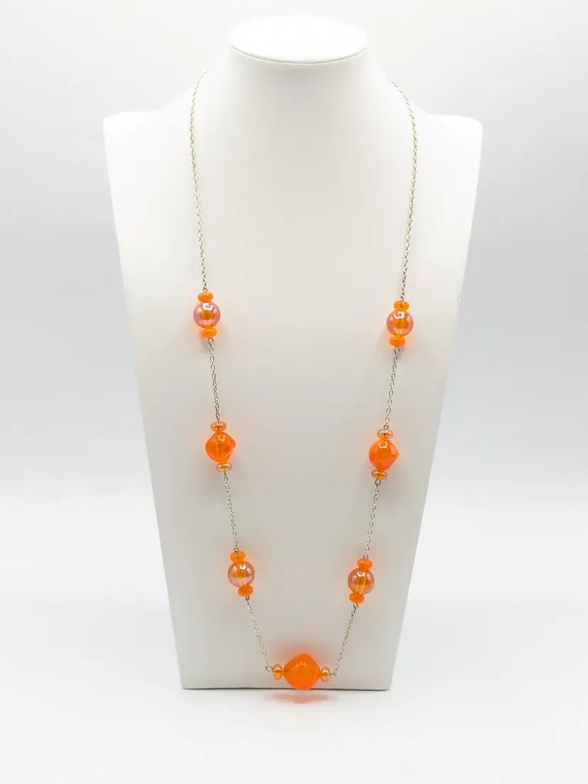 Silver Tone Orange Glass Beaded Necklace Tangerine Color