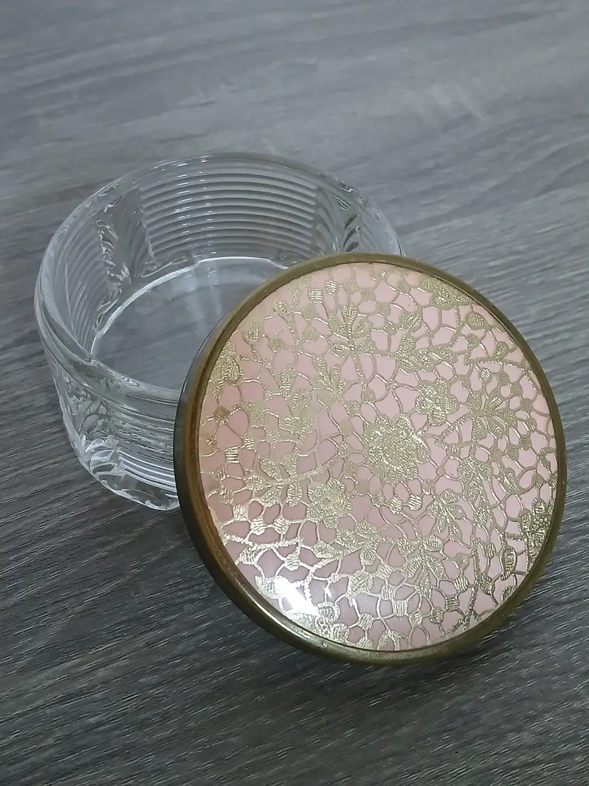 Vintage Art Deco Style Glass Cosmetic Powder Vanity Trinket Jar Pink Gold Lid