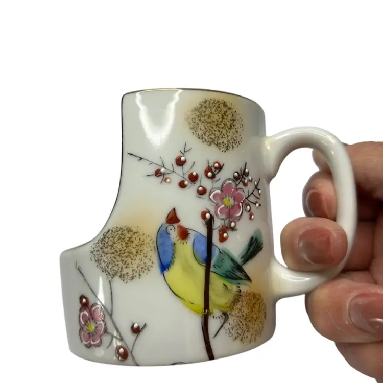 Vintage Japan Shabby Chic Hand Painted Ceramic Floral Bird Half Mug Candle Holder @ 3x4