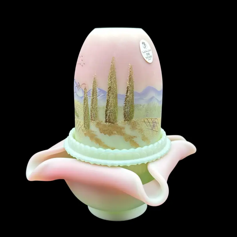 RARE Limited Edition Fenton  Lotus Mist Burmese Glass 3 Piece Fairy Light 7 1/2” Excellent Condition Includes All Paperwork #380 Out Of 1,950