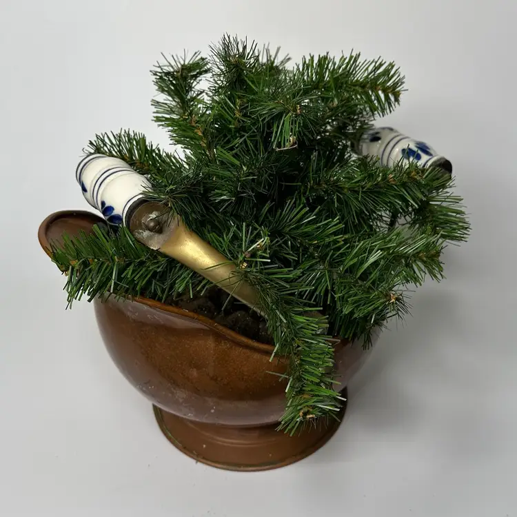 Antique Copper Lion Coal Scuttle Bucket Pitcher Planter Delft Porcelain Handles