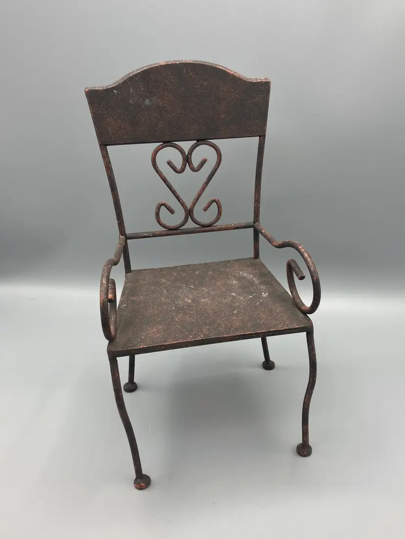 Vintage Wrought Iron Metal Doll Chair or Plant Stand Ornate Style Rustic Patina 11"