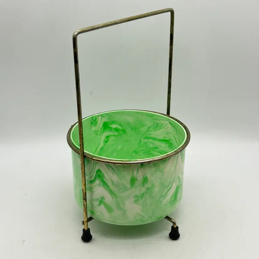 MCM Metal Green Marble Swirl Plastic Desk Organizer Container Bowl Dish