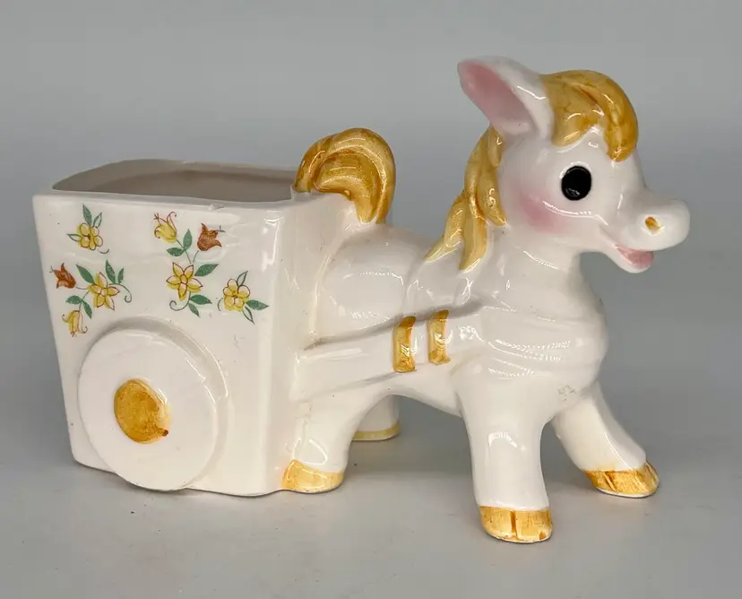 Vintage Happy Springtime Ceramic Pony And Cart Planter Succulents 