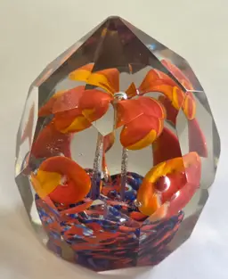 Faceted Art Glass Paperweight with Floral Design