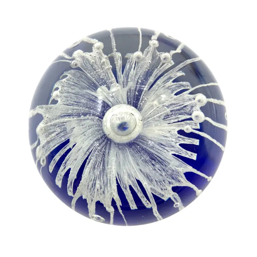 29 - Dynasty Gallery Art Glass Blue And White Flower Explosion Paperweight 3.125”