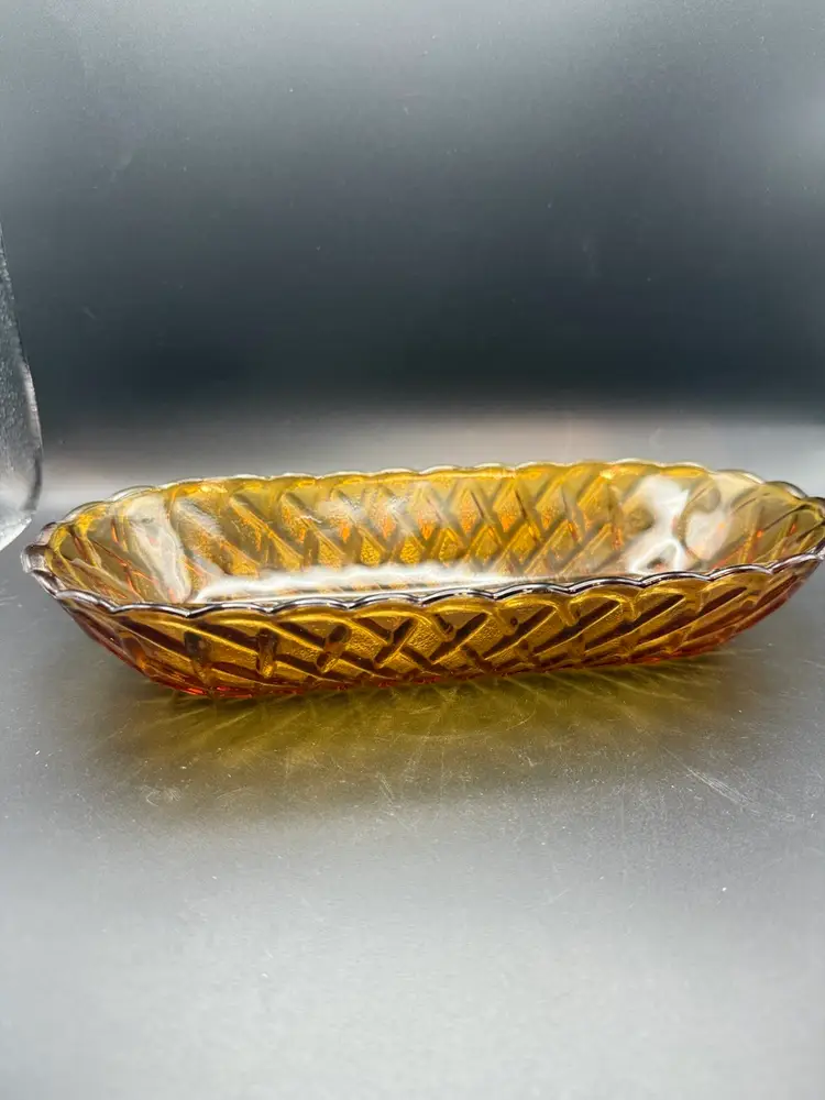Vintage Indiana Glass Amber Carnival Glass Oval Pretzel Pattern Dish