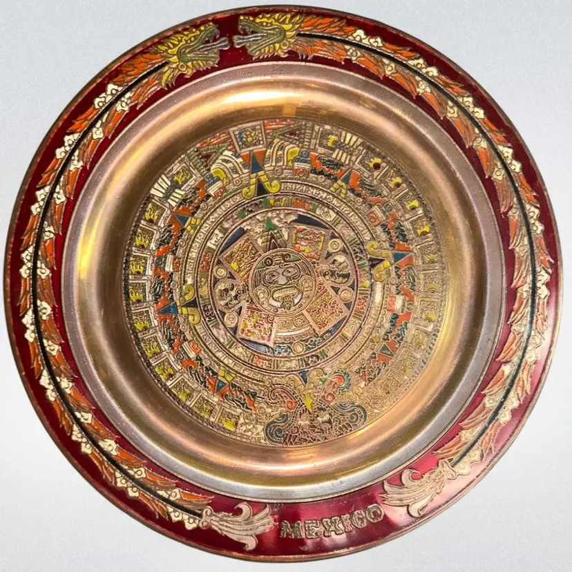 Enamel On Copper Aztec Mayan Calendar Zodiac 11” Plate Wall Hanging