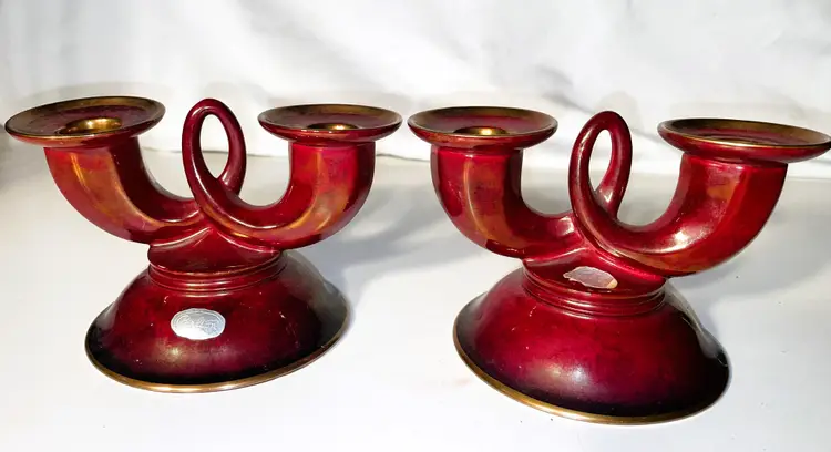 Carlton Ware Rouge Royale Double Candle Holder Red & Gold Vintage