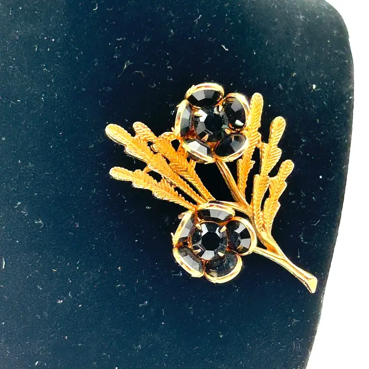 Gold Tone With Black Crystals Floral Vintage Brooch