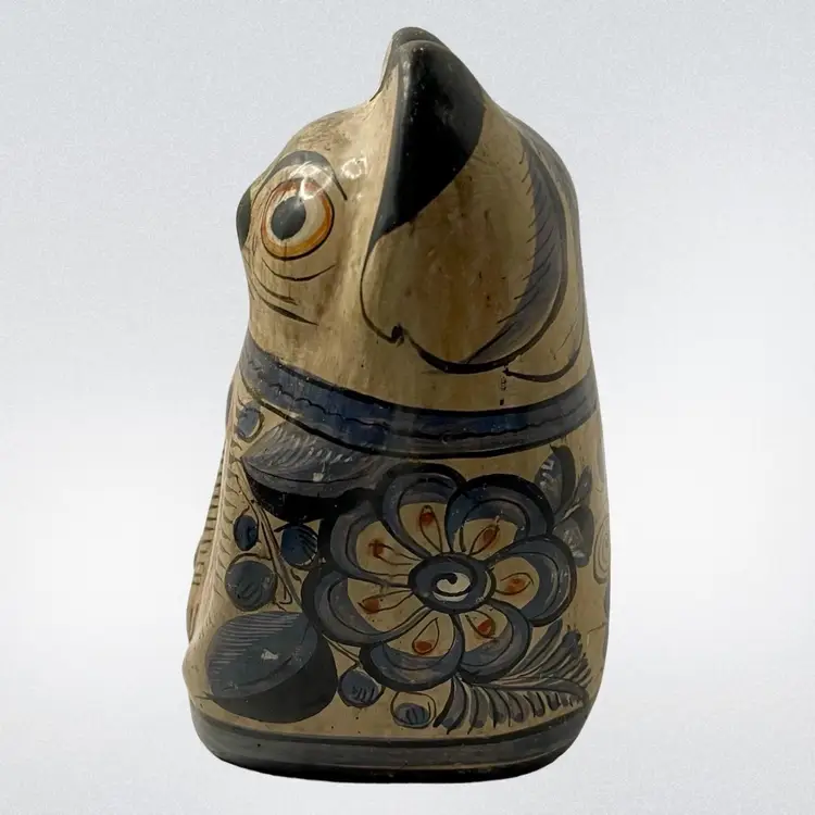 Tonala Mexican Pottery Cat Hand Painted  6.25” T X 6” W