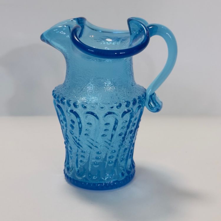 #1285 Vintage Kanawha Ice Colonial Blue Glass Crystal Mini Pitcher Jug Raised Loop Swirl Dots UV. Glow Green Wavy Top Applied Handle