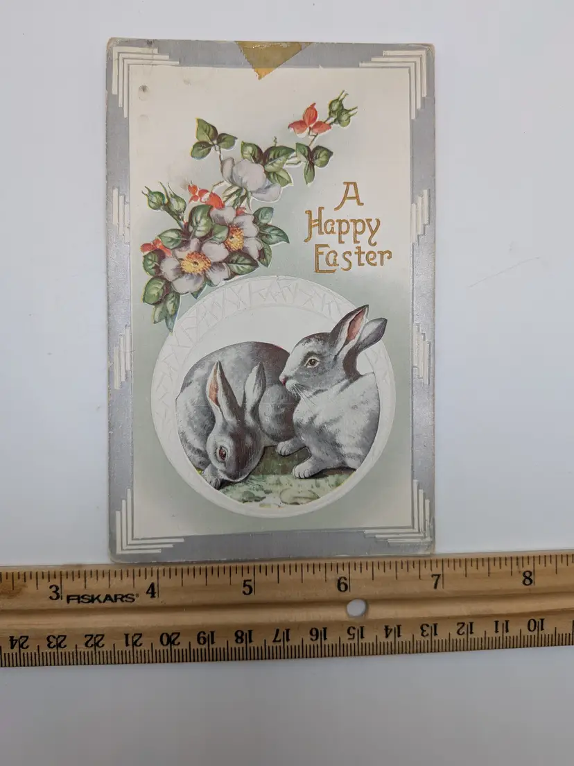 E88. Antique Postcard "A Happy Easter" Embossed Rabbits Florals Spring