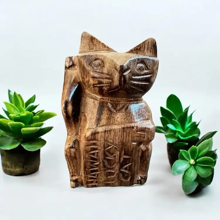 Vintage Hawaii Souvenir Carved Wood Lucky Cat Figurine