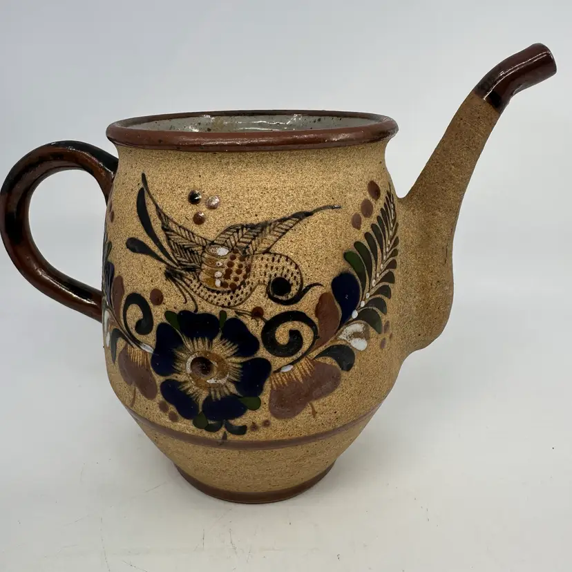 Tonala Mexico Pottery Watering Jug With A Bird On It