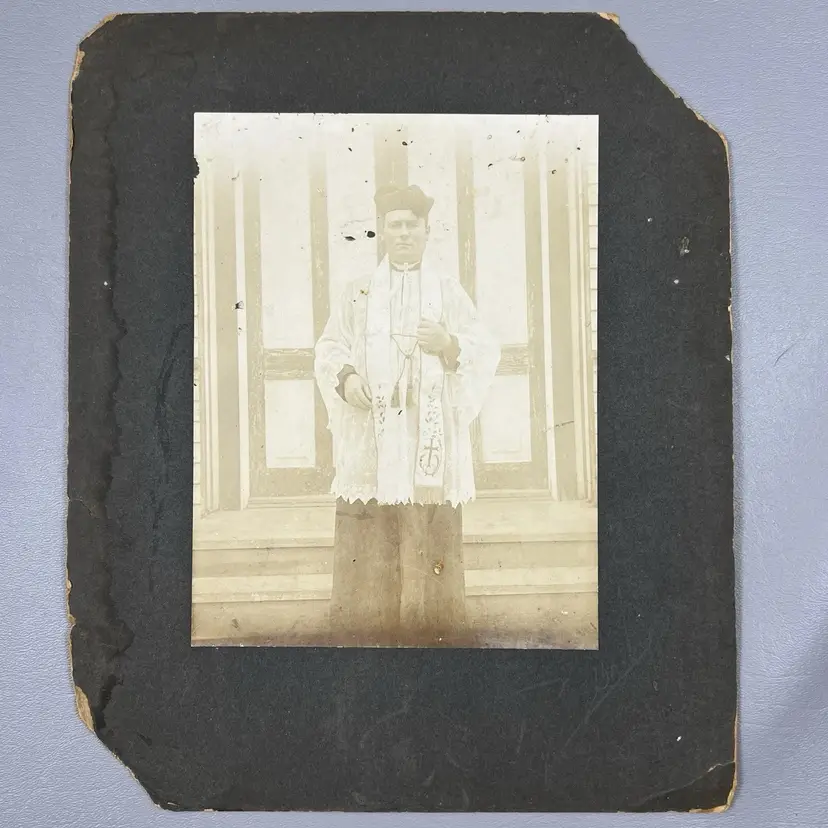 Large Antique Cabinet Card Photo Portrait Of Young Catholic Priest Church Doors