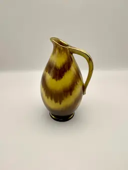 Vintage MCM Bay Keramik, West Germany Art Pottery Pitcher, Yellow/Brown/Gold, 5.5”