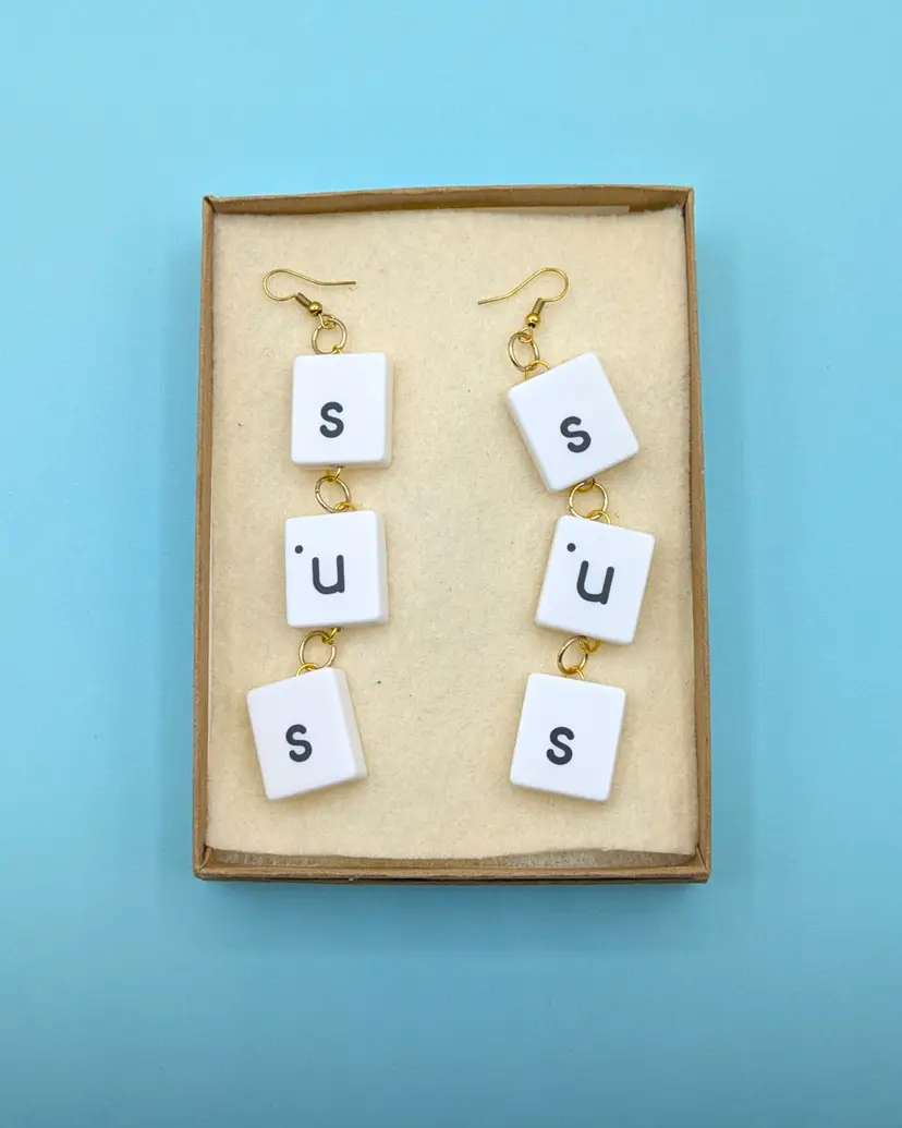 Quirky Sus Word Tile Black and White Dangle Drop Earrings