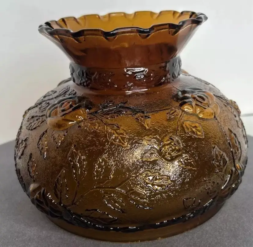 Vintage 70's Amber Cabbage Rose Pattern Glass Hurricane
Lamp Shade 7" fitter