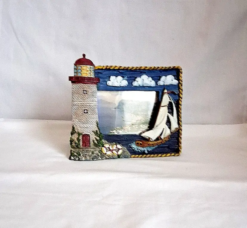 Vintage 3D Lighthouse & Sailboat Picture Frame - Nautical Beach Decor