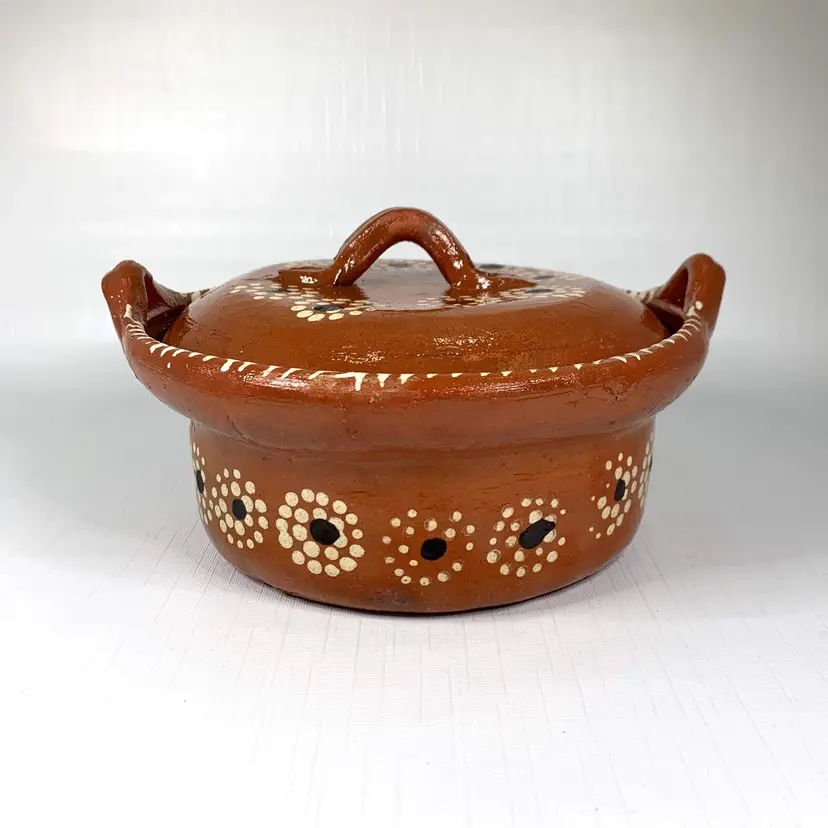 Tonala Terracotta Covered Dish Lid Hand Painted Mexico Rustic Primitive Vintage