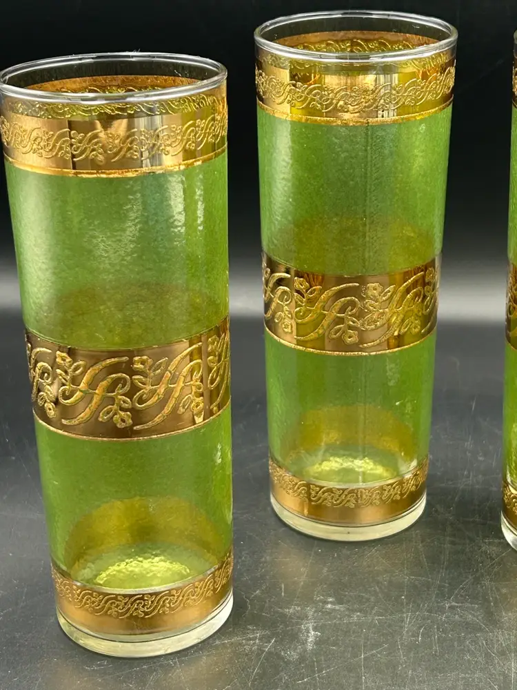 4 Vintage Culver Starlyte Highball Tumbler Glasses Green & 22k Gold Barware