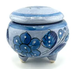 Blue Three Footed Tonala Pottery Jar/Trinket Box With Lid 4.5"x 3.75"