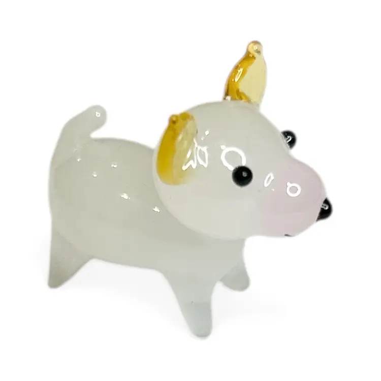 Mini Handblown White Dog With Pink Nose Art Glass Figurine And Christmas Stocking