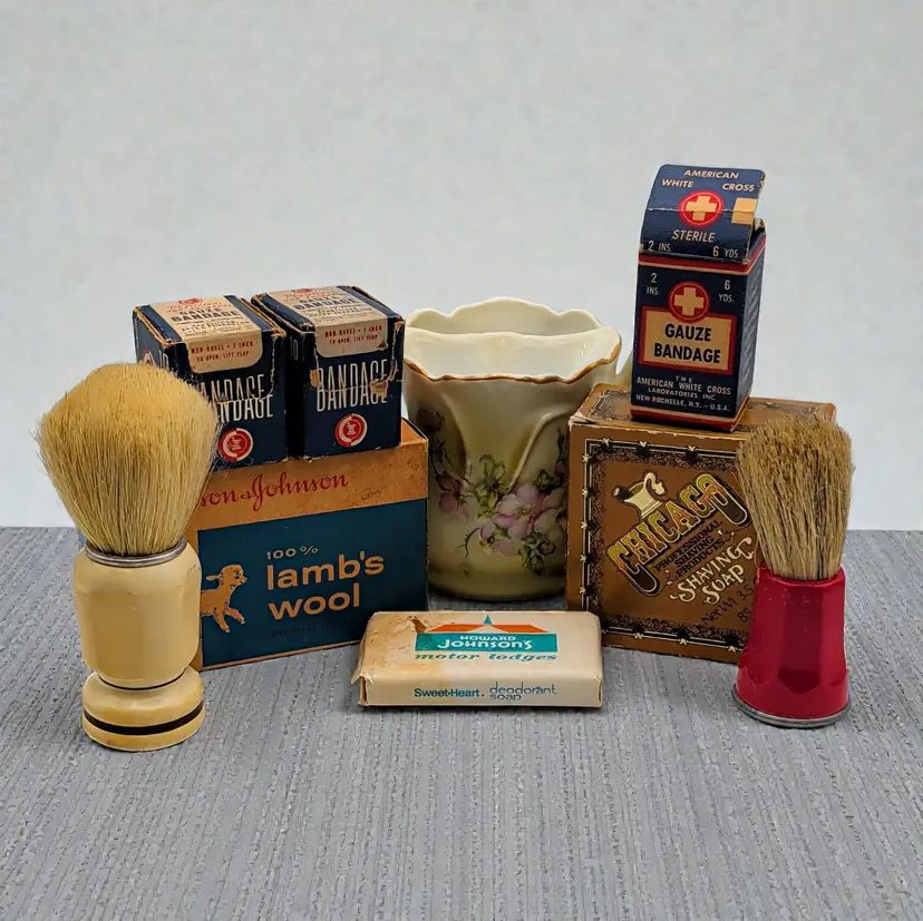 Vtg Shaving & First Aid Bathroom Lot Shaving Brush soap Lamb's Wool Gauze