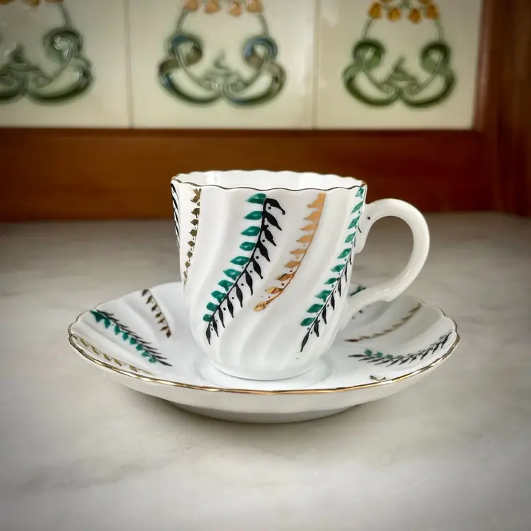 Vintage HB Diamond Occupied Japan Leaves & Foliage Scalloped Teacup & Saucer Bone China Porcelain 4.5"