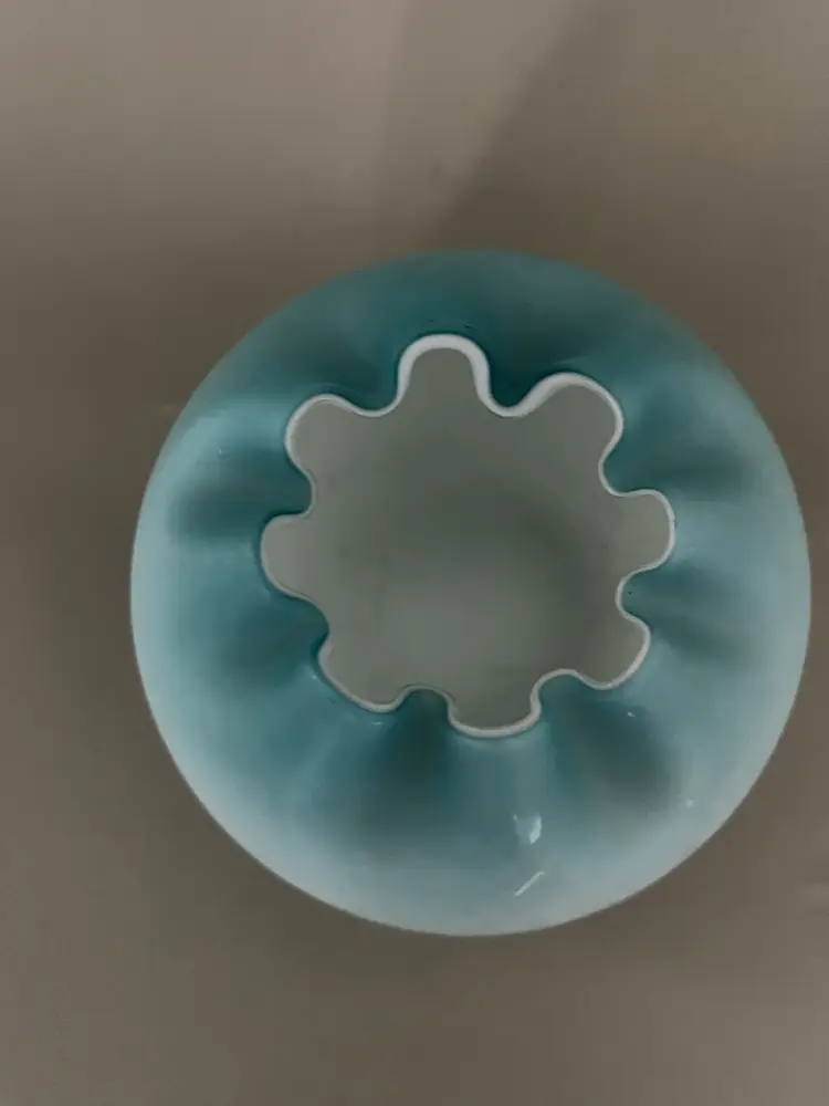 Vintage Satin Art Glass Rose Bowl Vase – Aqua Blue to White Ombre – Ruffled Rim