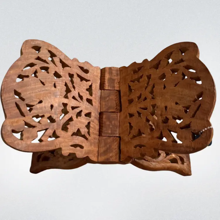 Vintage Hand Carved Wood Folding Cookbook Holder Bible Book Display Stand