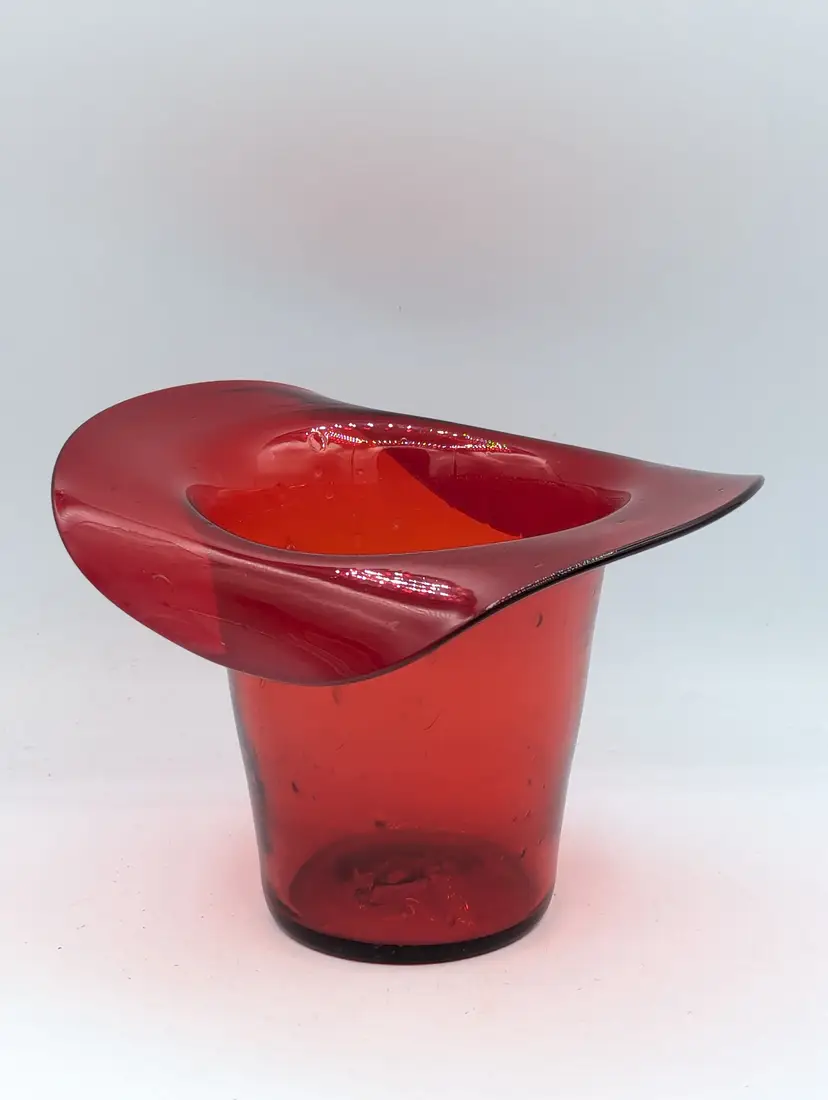 BLENKO HAND BLOWN RUBY RED GLASS COWBOY HAT Vase / ICE BUCKET