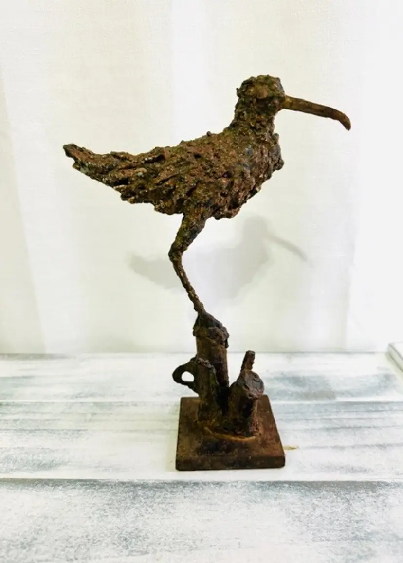 MCM Artist Mike Bucha Bronze Shore Bird Sculpture | Vintage Signed Art by Bucha Welded Bronze Metal Brutalist Bronze Bird Art