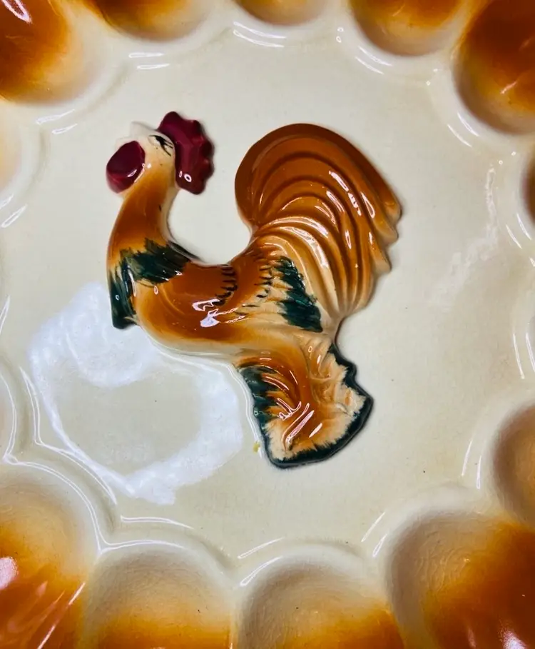 Vintage Deviled Egg Serving Platter Majolica Rooster Center Farmhouse Country Cottage