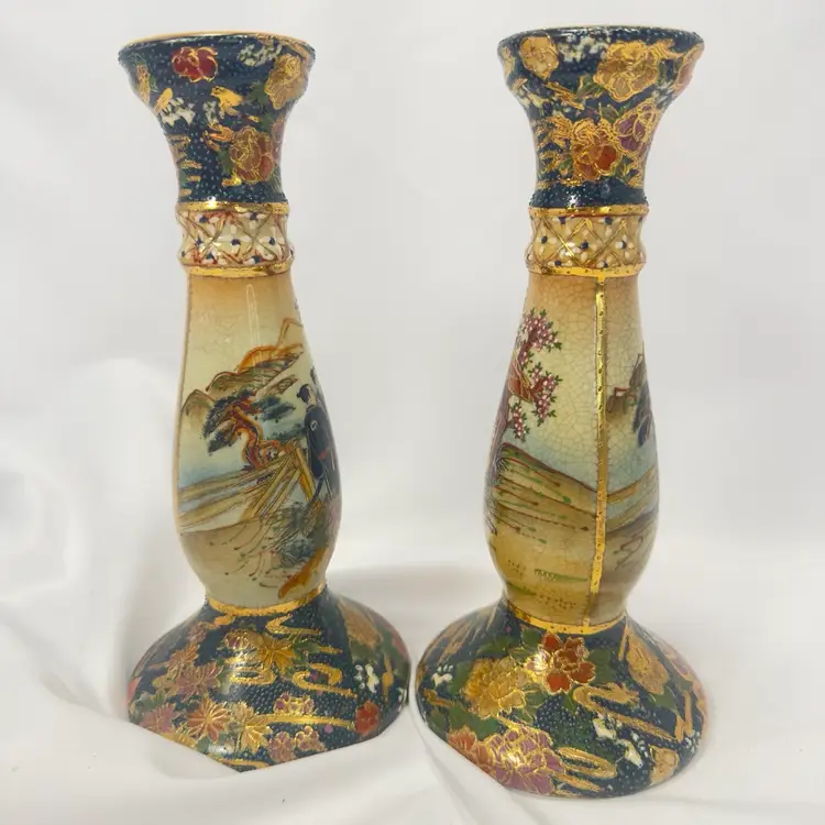 #1784 Vtg Royal Satsuma Hand Painted Moriage Multicolored Gold Porcelain Floral Taper Candle Holders Sticks 9”