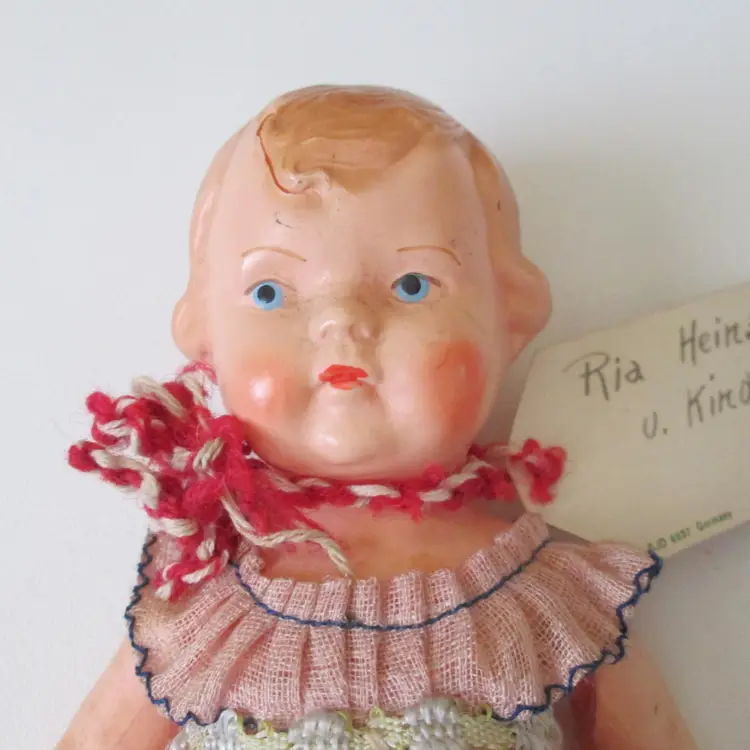 Vintage Hard Plastic Strung Baby Doll 1949 Germany Painted Face And Hair Wearing Baby Dress Panties