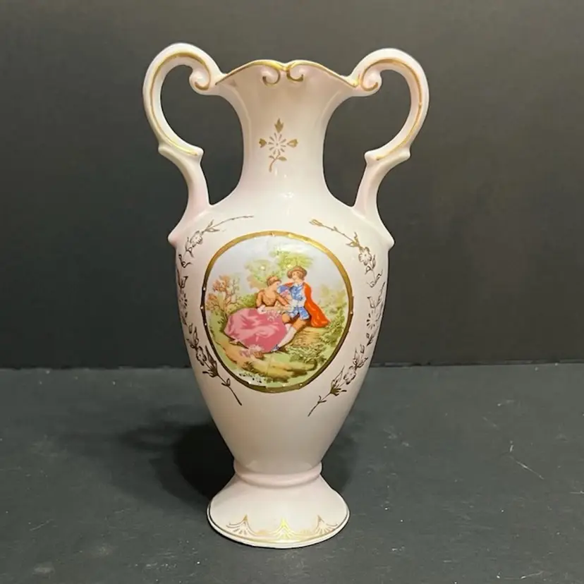 #01 - Beautiful Double Handle Victorian Style Vase/Urn Gold Gilt Courting Couple Scene, Beehive Mark 360, 8in x 4.5in x 4in
