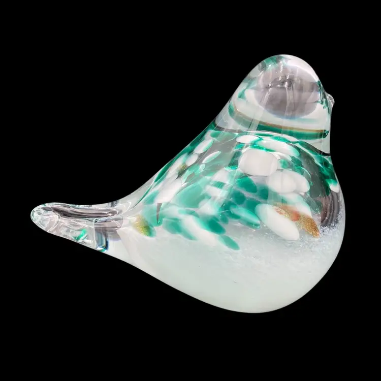 Handmade Glass Bird Figurine/Paperweight, Teal/White/Gold Accents, 4.2" Tall