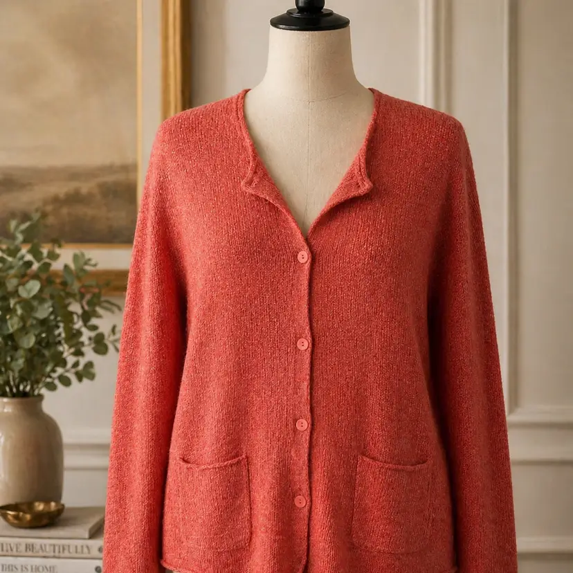 Eileen Fisher XL Coral Knit Cardigan Sweater Silk Blend Luxury