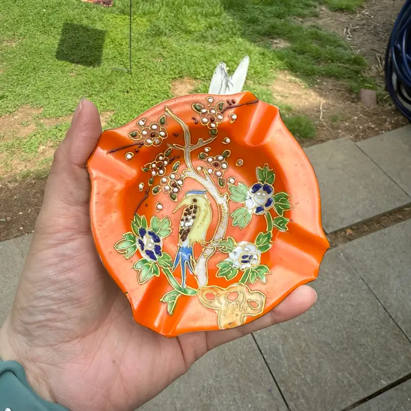 Vintage Japanese Moriage Ash Tray Trinket Trash Catchall Bird Floral Orange