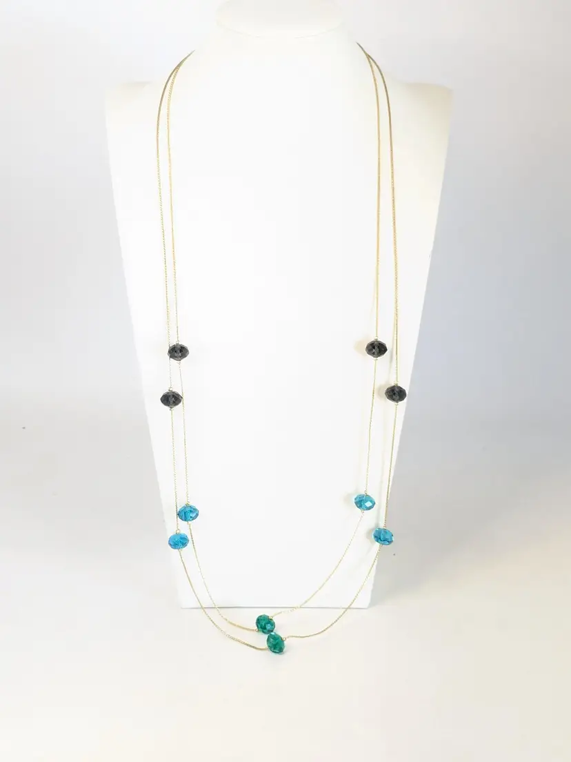 Gold Tone Necklace with Blue and Purple Beads Double Strand